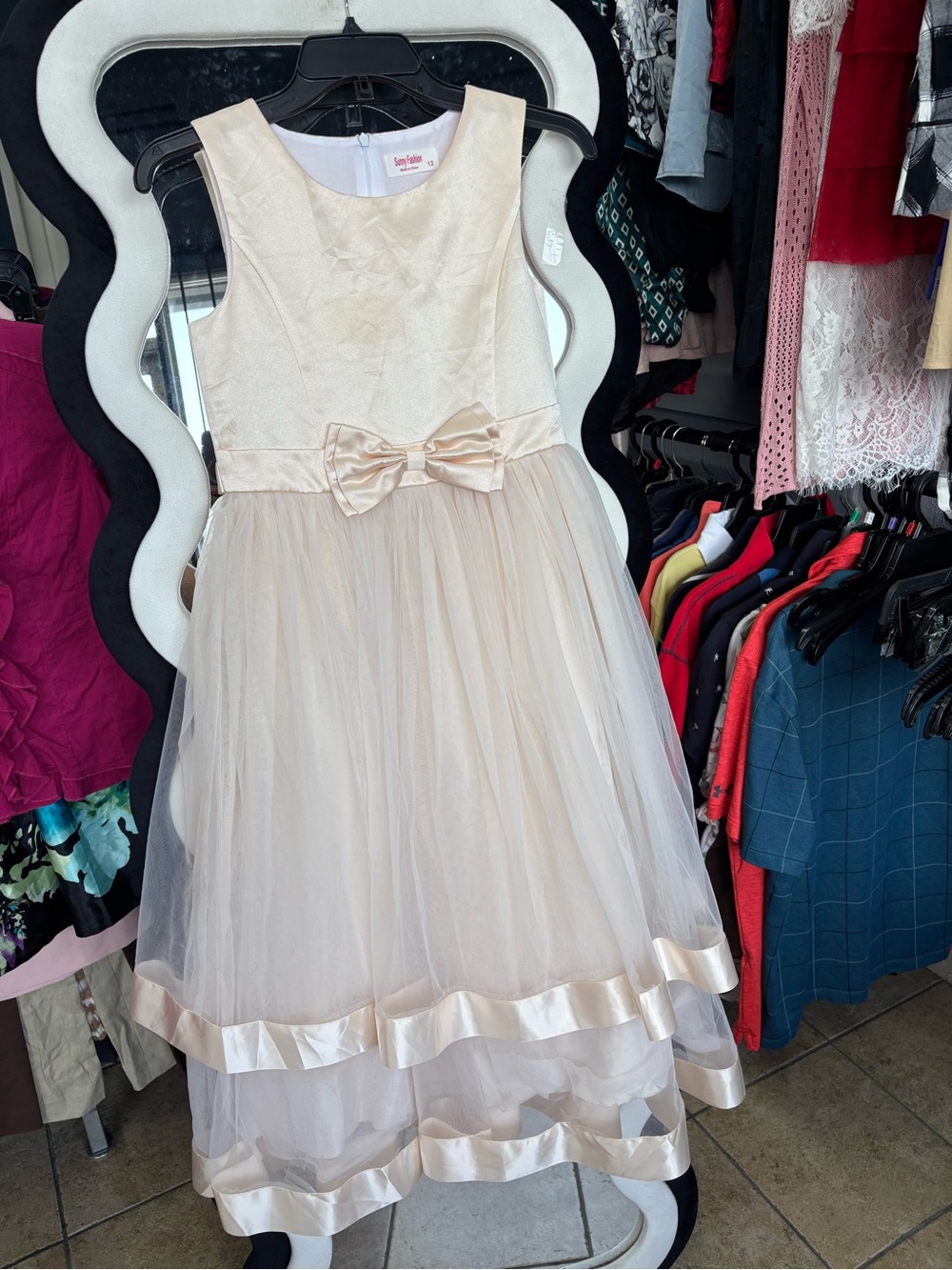 SUNNY FASHION Cream Satin & Tulle Bow-Accent Formal Dress for Girls